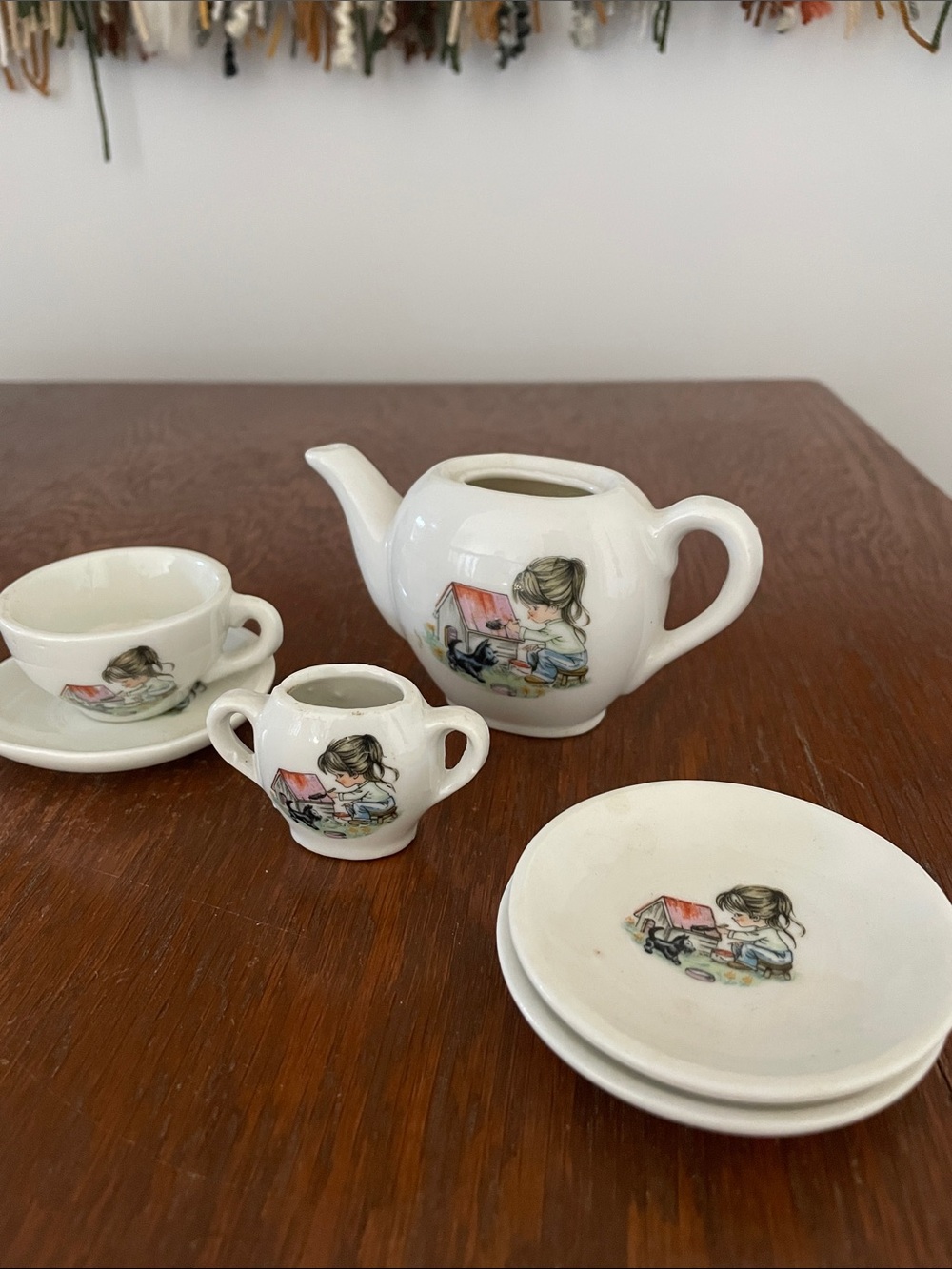 Charming White Tea Set with Child Illustration
